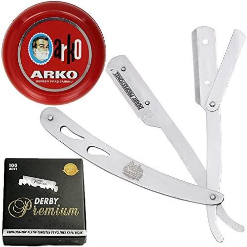 Barbersets - The Shave Factory Straight Edge Razor Kit (Steel Razor/Arko Shaving Soap / 100 Derby Premium Single Edge Razor Blades)