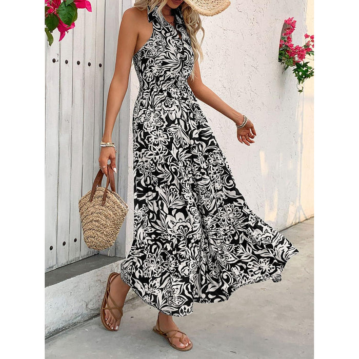 Backless Smocked Printed Sleeveless Midi Dress