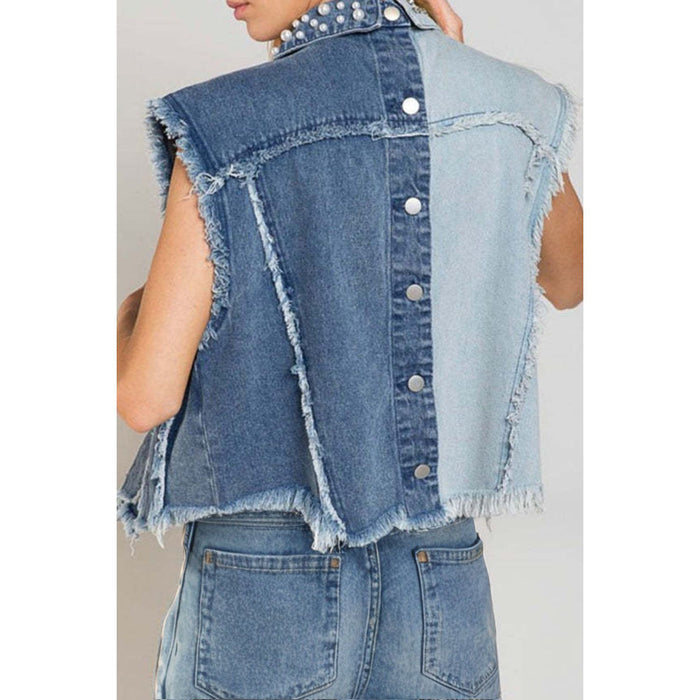 Pearl Raw Hem Sleeveless Denim Jacket