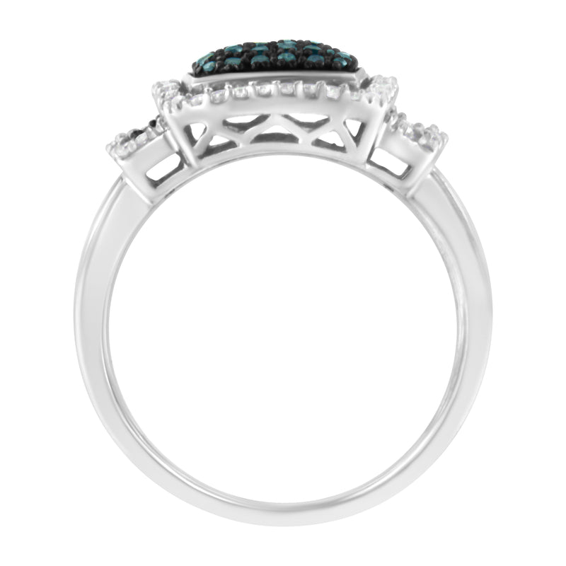 Bids.com Black Rhodium Plated .925 Sterling Silver 1/2 Cttw White & Blue Diamond Square Halo Cocktail Ring (Fancy Blue & H-I Color, I2-I3 Clarity) - SIze 6 Rings