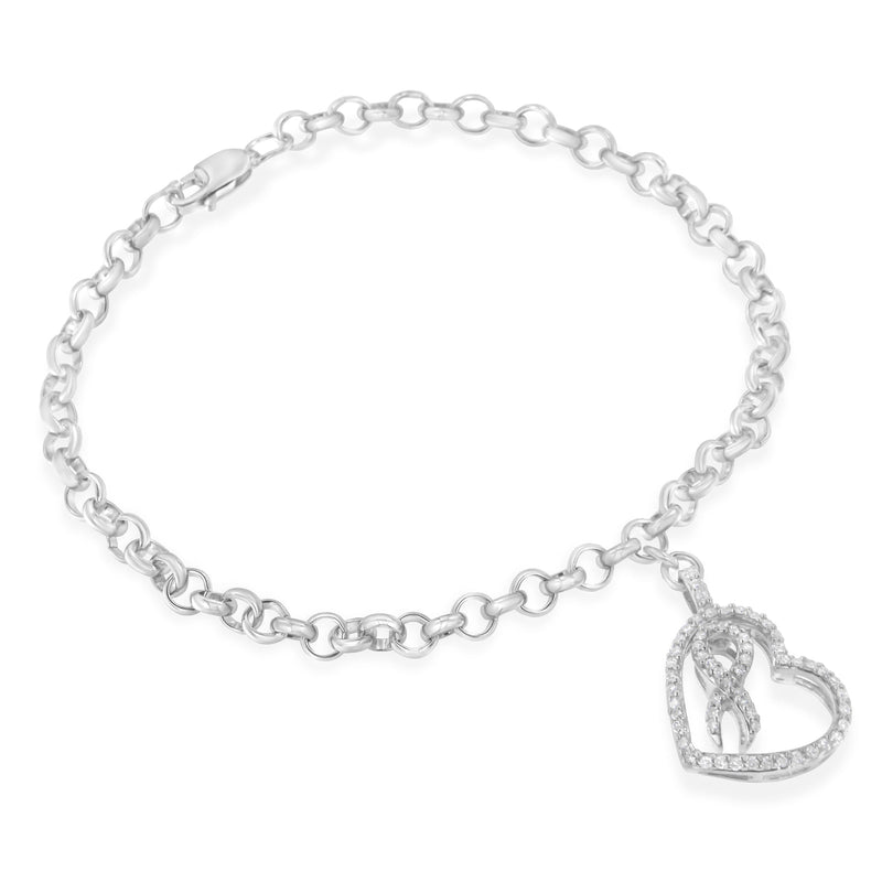 Bids.com .925 Sterling Silver 1/4 Cttw Diamond-Accented Heart and Ribbon Charm 7" Link Chain Bracelet (H-I Color, I1-I2 Clarity) Bracelets