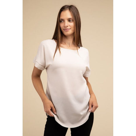 Woven Heavy Dobby Rolled Sleeve Boat Neck Top