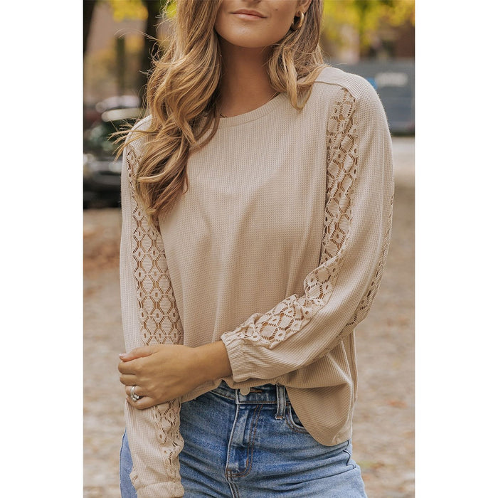 Waffle-Knit Round Neck Long Sleeve Blouse