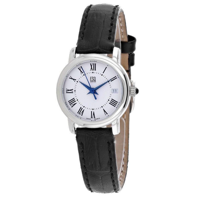 Bids.com ESQ Women's Black Leather Silver Stainless Steel Quartz Watches