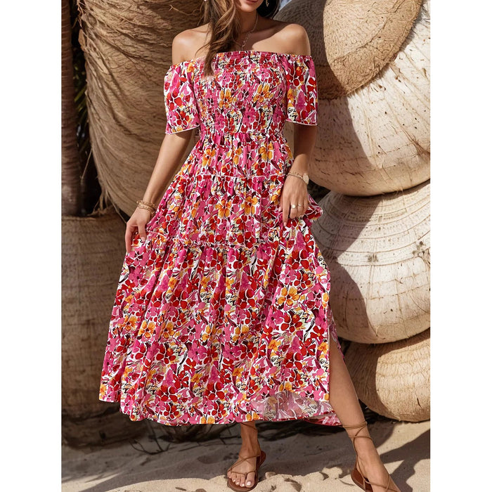 Slit Floral Off-Shoulder Short Sleeve Dress