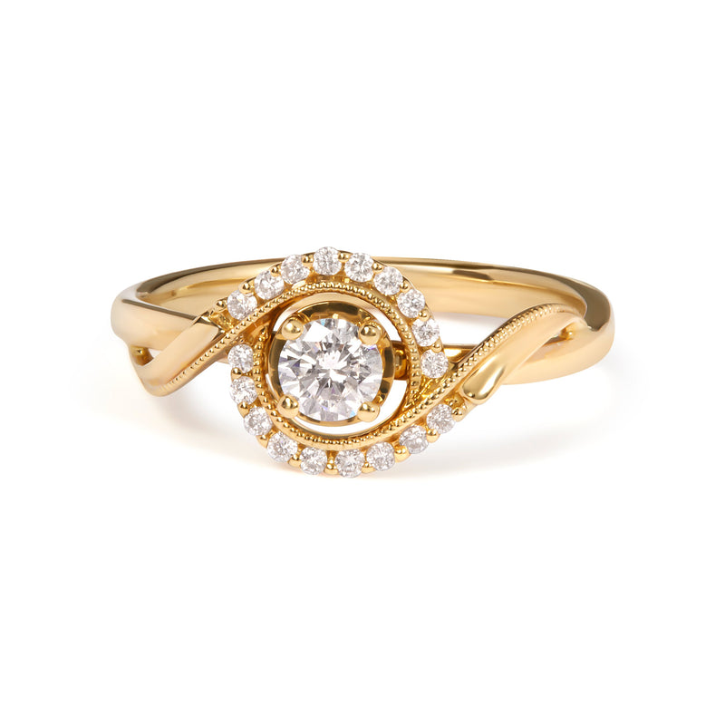 Bids.com 14K Yellow Gold 1/3 Cttw Diamond Solitaire and Halo Swirl Engagement Ring (G-H Color, VS2-SI1 Clarity)- Size 7 Rings