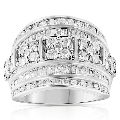 Bids.com .925 Sterling Silver 2.0 Cttw Round & Baguette Cut Diamond Multi-Row Channel Set Tapered Cocktail Fashion Ring (I-J Color, I3 Clarity) - Size 7 Rings