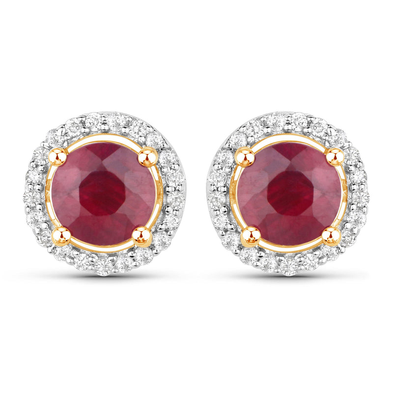 Bids.com 1.22 Carat Genuine Ruby and White Diamond 14K Yellow Gold Earrings Earrings