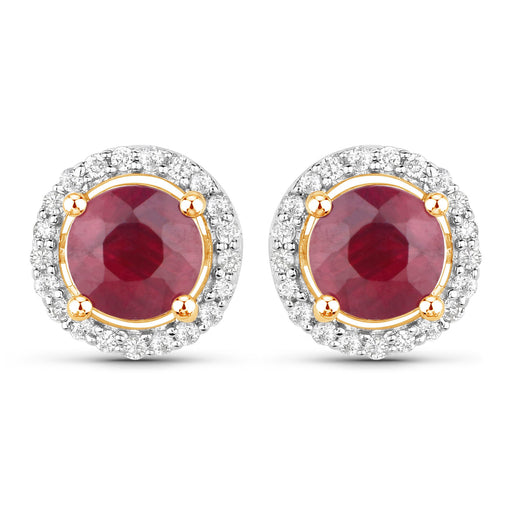 Bids.com 1.22 Carat Genuine Ruby and White Diamond 14K Yellow Gold Earrings Earrings