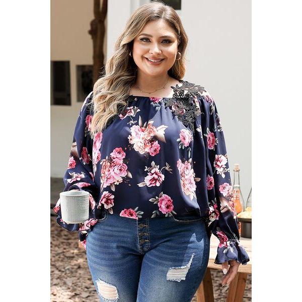 Plus Size Floral Flounce Sleeve Blouse