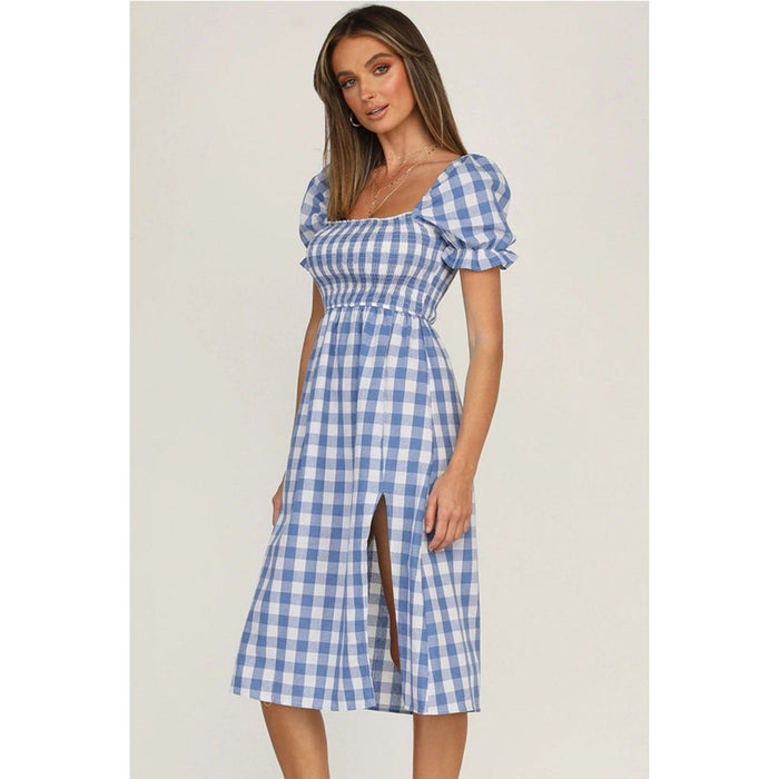 Full Size Slit Plaid Short Sleeve Midi Dress