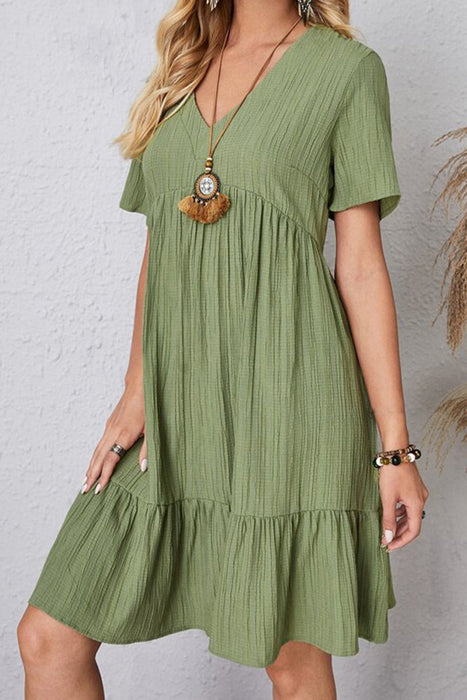 Ruched V-Neck Short Sleeve Dress