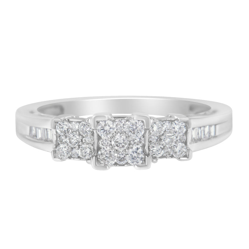 Bids.com 10K White Gold 1/2 Cttw Brilliant & Baguette Cut Diamond 3 Stone Design with 3 Square Clusters Engagement Ring (H-I Color, SI2-I1 Clarity) - Size 6-3/4 Rings
