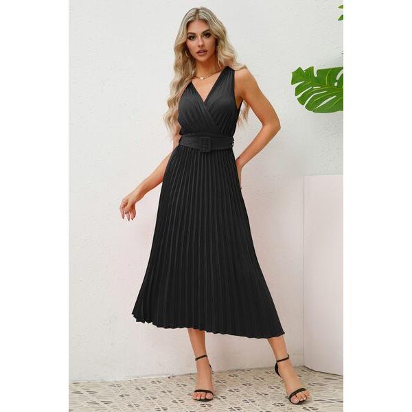 Surplice Sleeveless Midi Pleated Dress