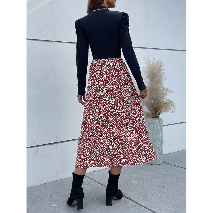 Printed Mock Neck Puff Sleeve Midi Dress