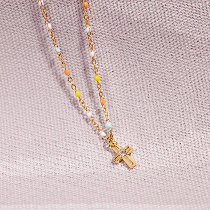 Inlaid Zircon 18K Gold-Plated Cross Bead Necklace