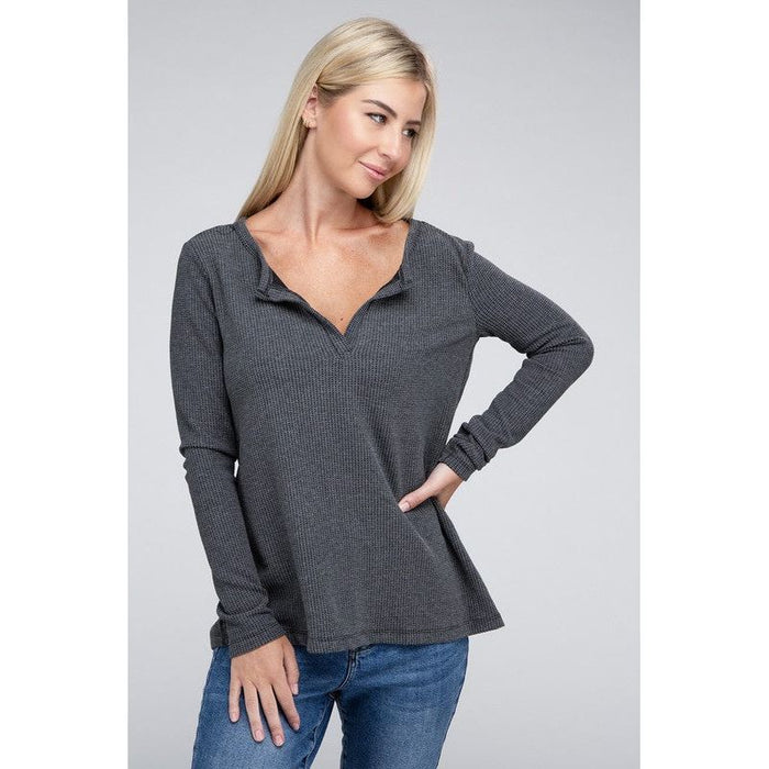 Melange Baby Waffle V-Neck Long Sleeve Top