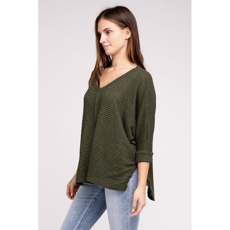 3/4 Sleeve V-Neck Hi-Low Hem Jacquard Sweater