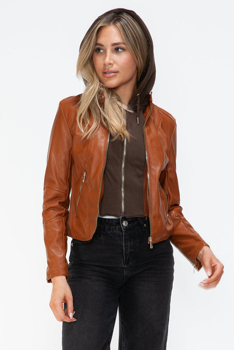 Faux Leather Zip Up Drawstring Hooded Jacket