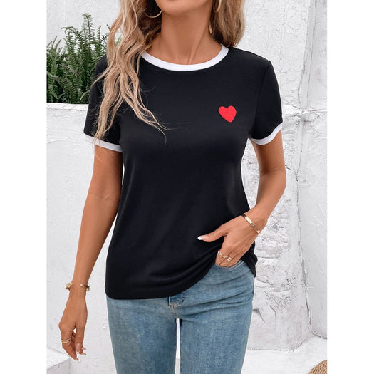 Heart Round Neck Short Sleeve T-Shirt