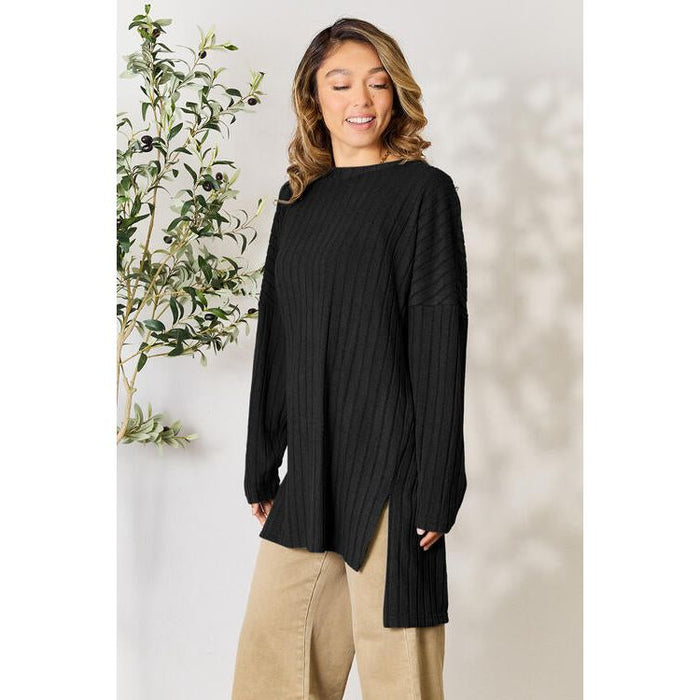 Basic Bae Ribbed Round Neck Long Sleeve Slit Top