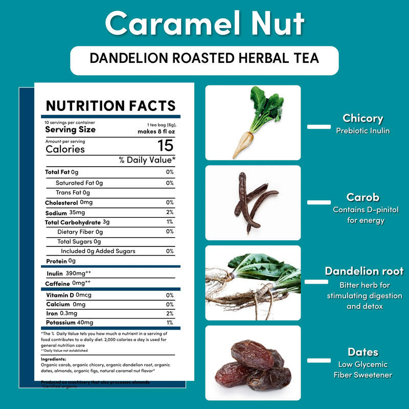 Teeccino Dandelion Caramel Nut Roasted Herbal Tea Herbal Tea Dark Cyan 25 tea bags,10 tea bags,50ct loose tagless tea bags