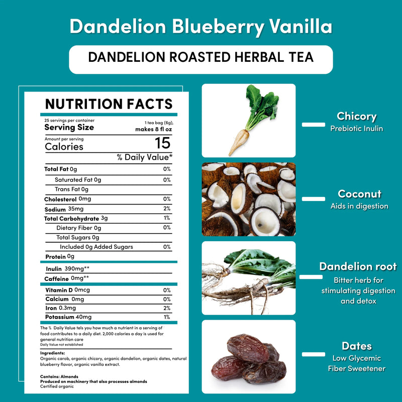Teeccino Dandelion Blueberry Vanilla Roasted Herbal Tea Herbal Tea