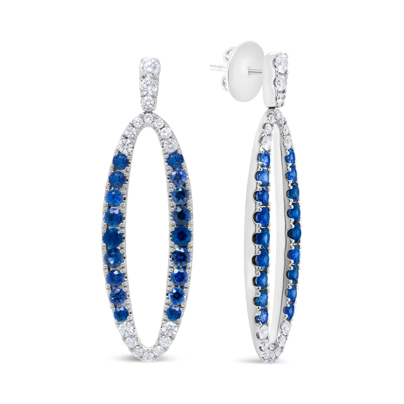 Bids.com 18K White Gold 1.11 Cttw Blue Round Diamond and Blue Sapphire Openwork Oval Shaped Dangle Earrings (F-G Color, VS1-VS2 Clarity) Earrings
