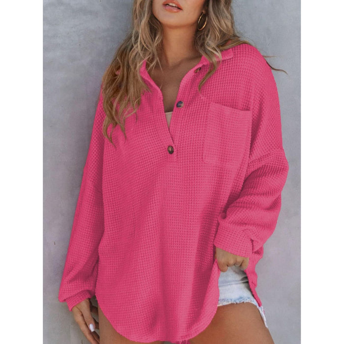 Waffle-Knit Dropped Shoulder Long Sleeve Sweatshirt