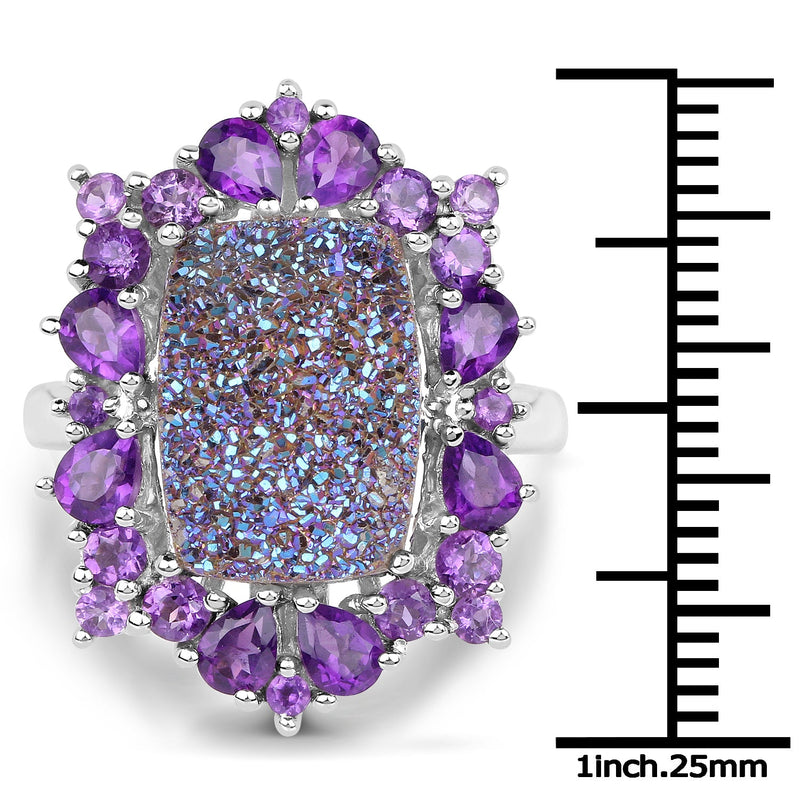 Bids.com 5.97 Carat Genuine Drusy Quartz and Amethyst .925 Sterling Silver Ring Rings