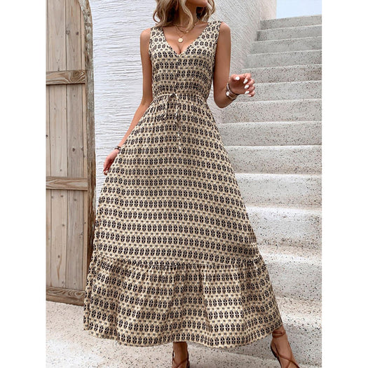 Printed V-Neck Tie Waist Midi Dress