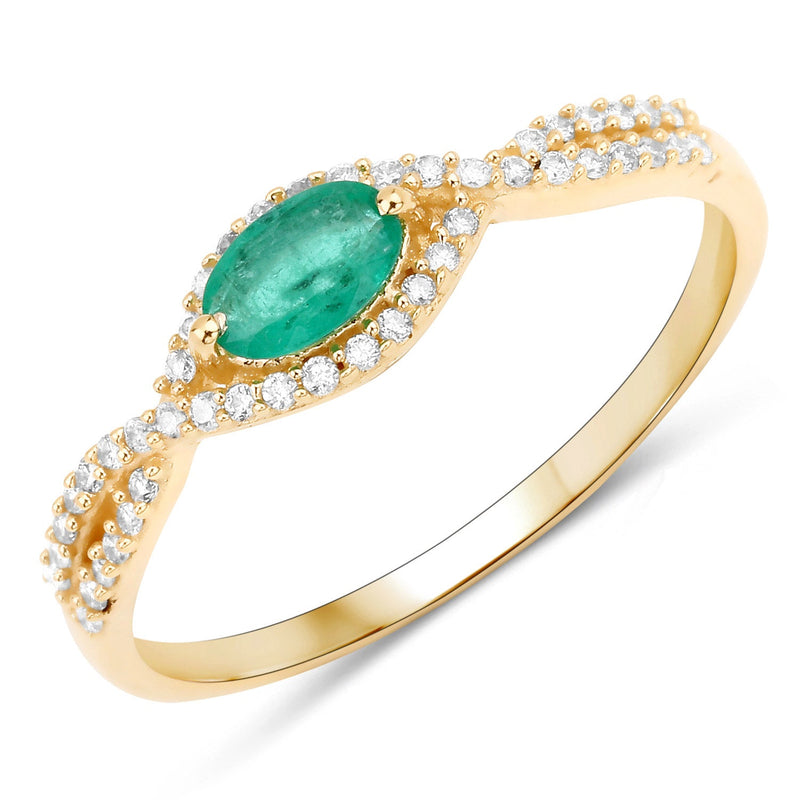 Bids.com 0.32 Carat Genuine Zambian Emerald and White Diamond 14K Yellow Gold Ring Rings