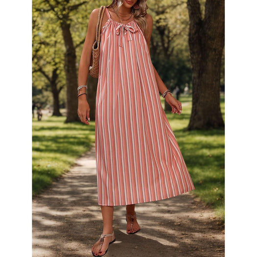 Striped Tie Neck Midi Cami Dress