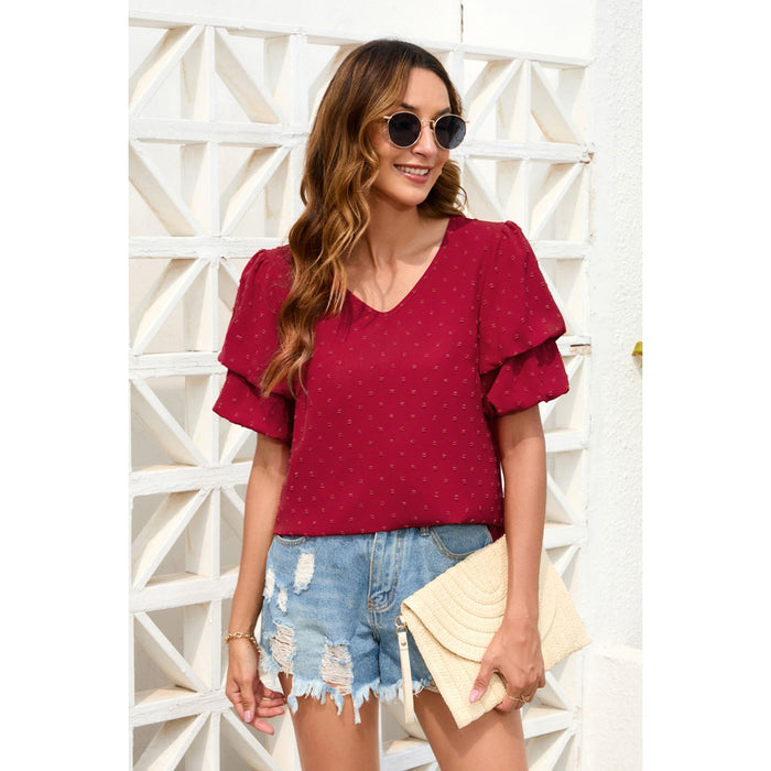 Swiss Dot V-Neck Short Sleeve Blouse