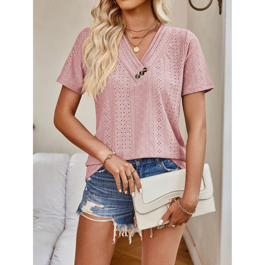 Eyelet V-Neck Short Sleeve Top