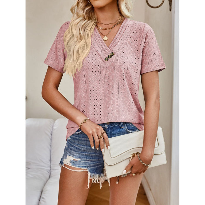 Eyelet V-Neck Short Sleeve Top