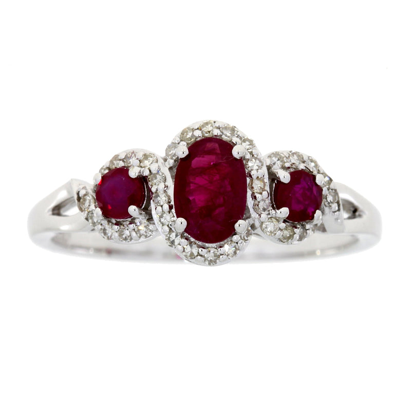 Bids.com 1.04ct Ruby Diamond 3 Stone Ring 14KT White Gold Rings