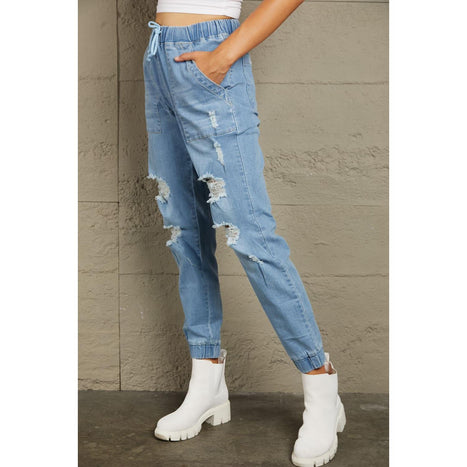 Baeful Distressed Denim Pocketed Joggers