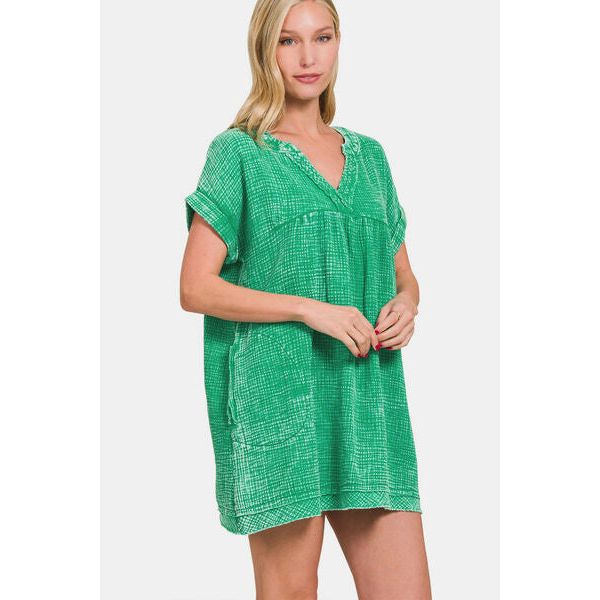 Zenana Washed Notched Short Sleeve Mini Dress