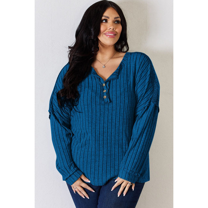 Basic Bae Ribbed Half Button Long Sleeve T-Shirt