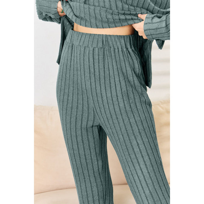 Basic Bae Ribbed Drawstring Hood Top and Straight Pants Set