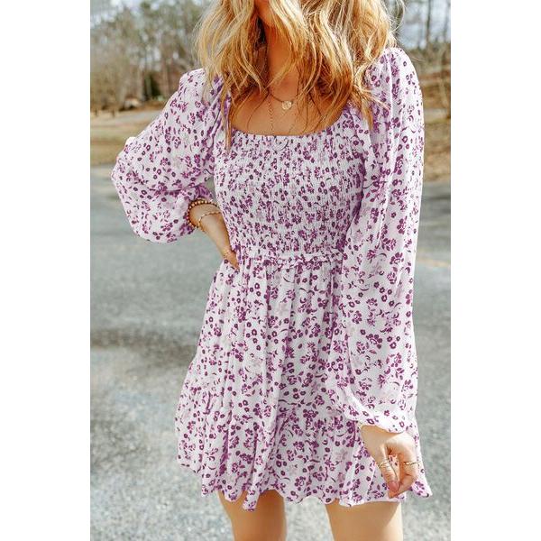 Smocked Floral Square Neck Balloon Sleeve Dress