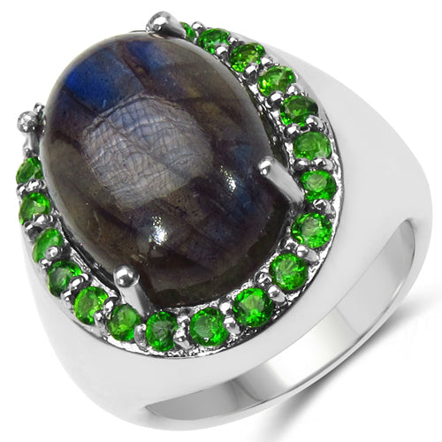 Bids.com 11.90 Carat Genuine Labradorite & Chrome Diopside .925 Sterling Silver Ring Rings