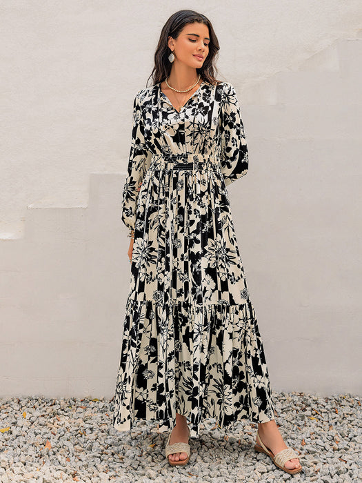 Printed Tie Neck Long Sleeve Dress