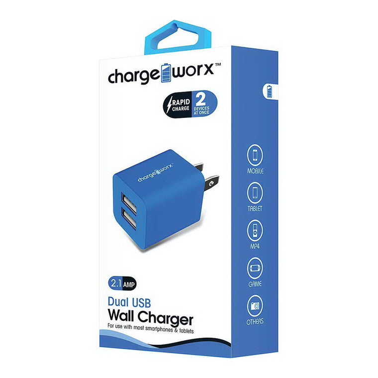 Chargeworx Chargeworx Charge Worx 2.1AMP Rapid Charge Dual USB Wall Charger, Blue Power Adapters & Chargers White Smoke