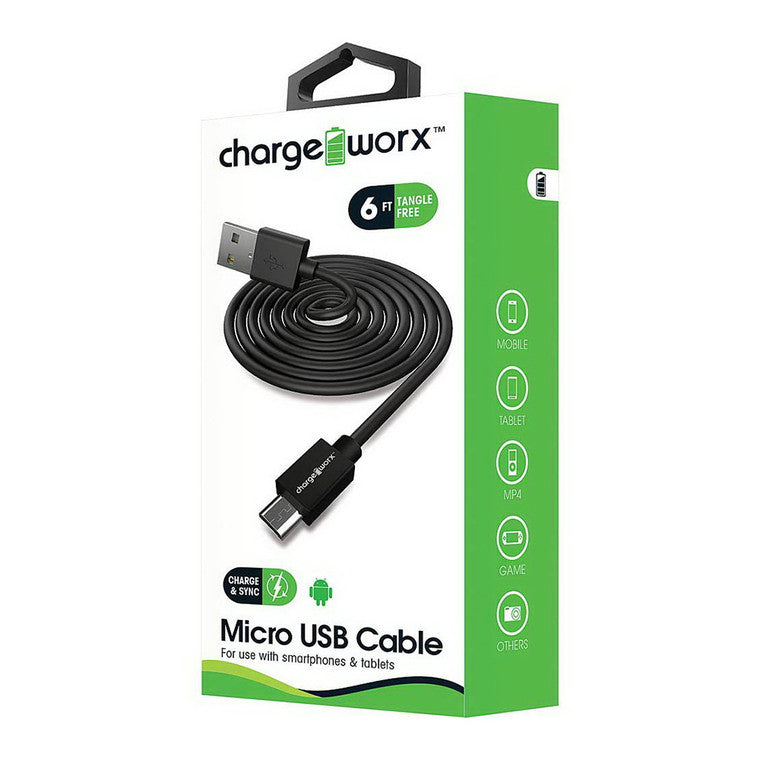 Chargeworx Chargeworx Charge Worx 6ft Tangle Free Micro USB Cable, Black Cables White Smoke