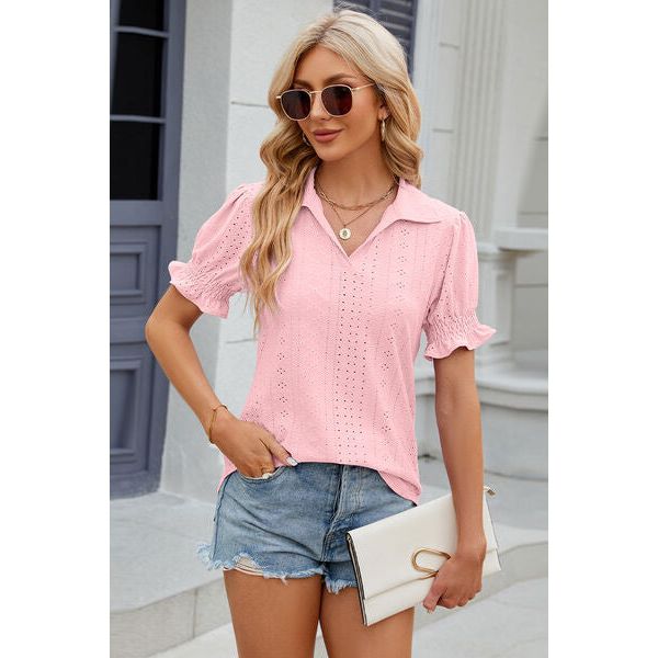 Eyelet Johnny Collar Short Sleeve Blouse