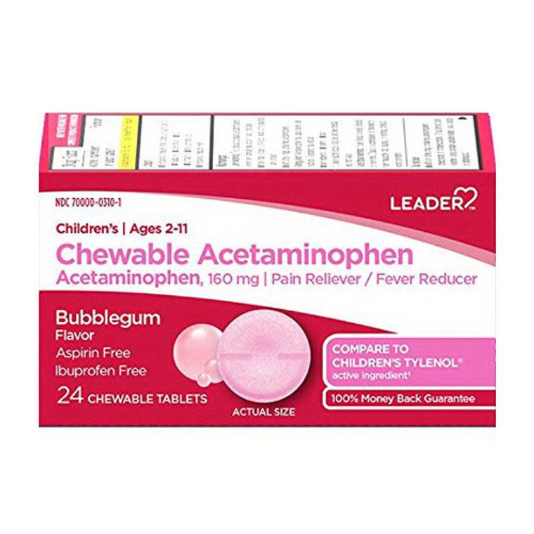 Leader Leader Children's Pain & Fever Relief, 160mg Acetaminophen, 24 Chewable Tablets – Bubblegum Flavor Medicine & Drugs White Smoke