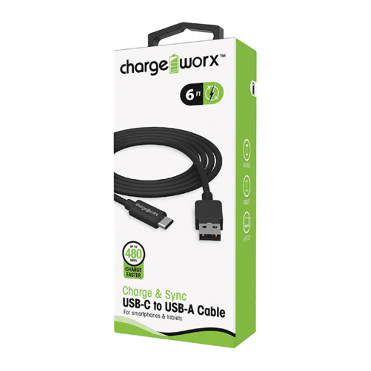 Charge Worx Charge Worx® 6ft USB-C to USB-A Sync & Charge Cable – Black Cables