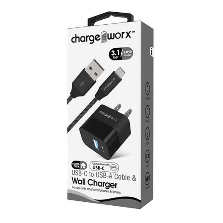 Chargeworx Chargeworx USB+USB-C Wall Charger & USB-C Cable, Black Cables